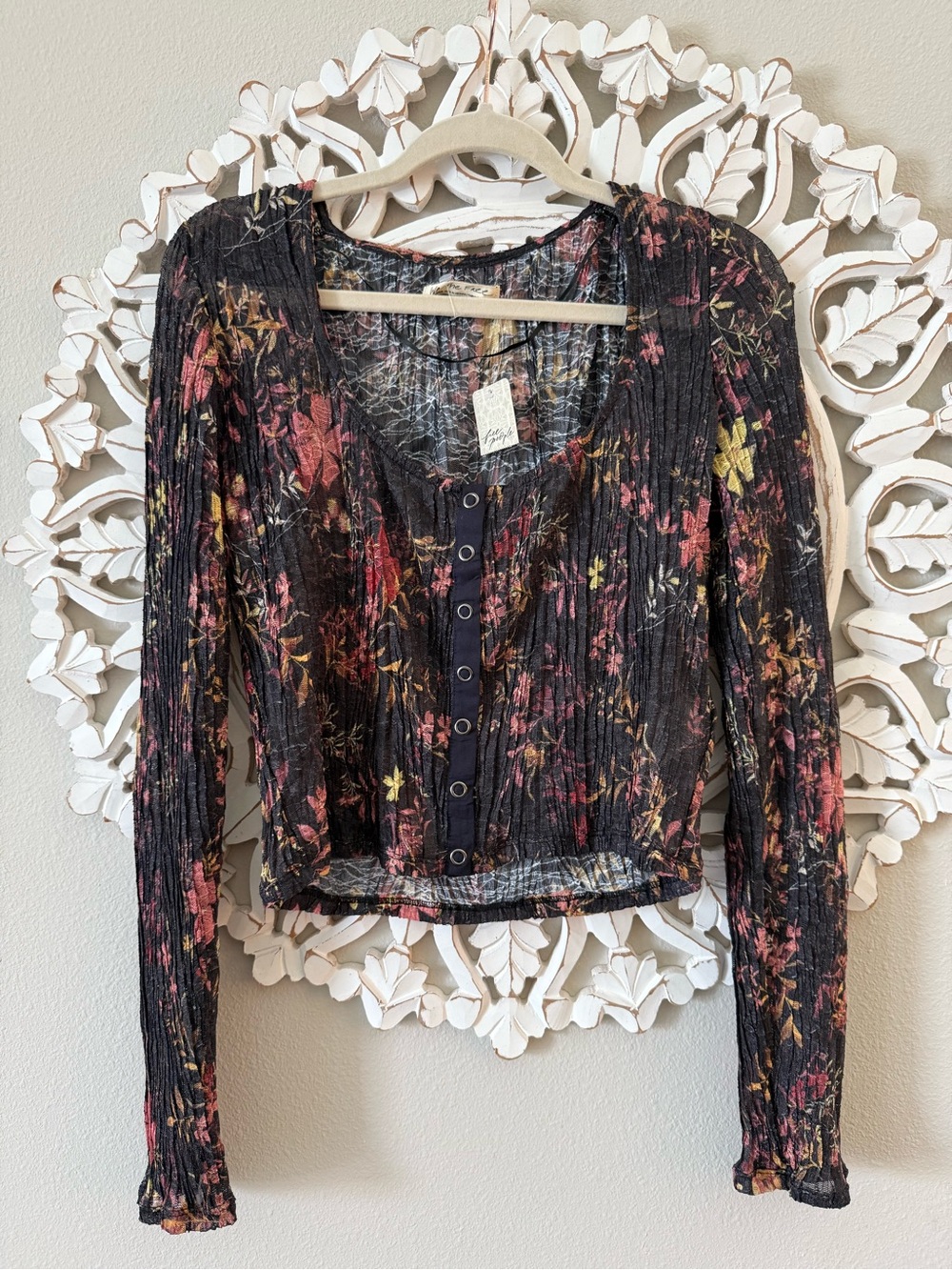 NWT Free People Angelina Crop Button Down Long Sleeve Top Black w Floral XL